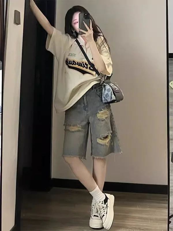 

Retro Hole Denim Straight Leg Five-Quarter Women's Summer Thin High Waist Loose Slimming Wide Leg Jeans Casual High Waist