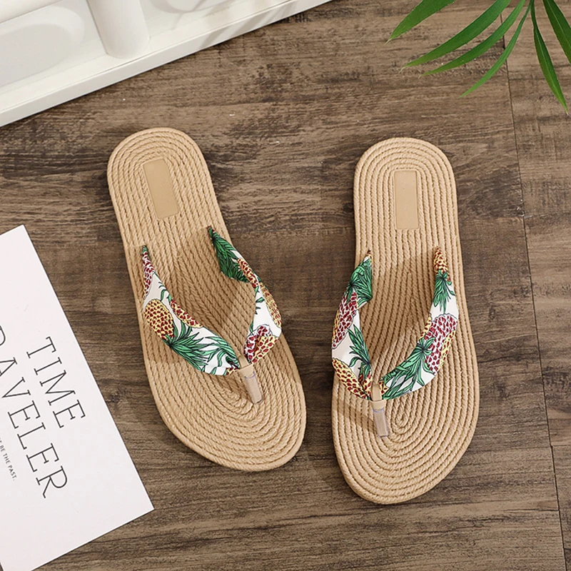 Summer Women Floral Flip Flops Straw Sandals Slippers Ladies Shoes Indoor Outdoor Flip-Flops Beach Flat Slides Pantuflas Mujer