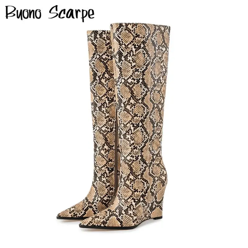 

Serpentine Gingham Mixed Color Pointed Toe High Heels Wedges Women Boots Knee High Zipper Large Size Fashion Western Sexy Shoes