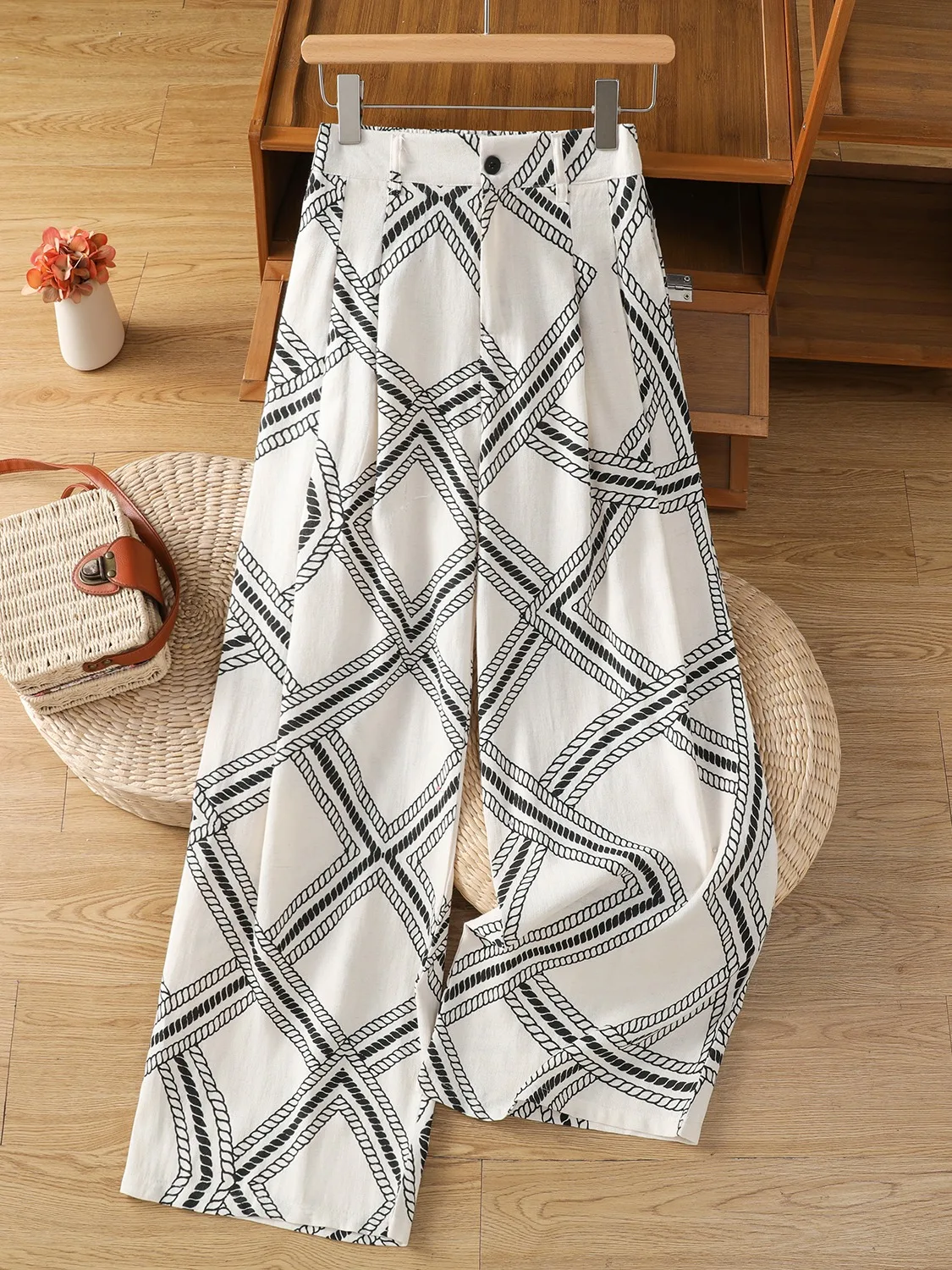 

Свободные широкие брюки, женские льняные брюки с высокой талией и принтом, повседневная домашняя одежда, летняя верхняя одежда, удобные хлопковые льняные брюки