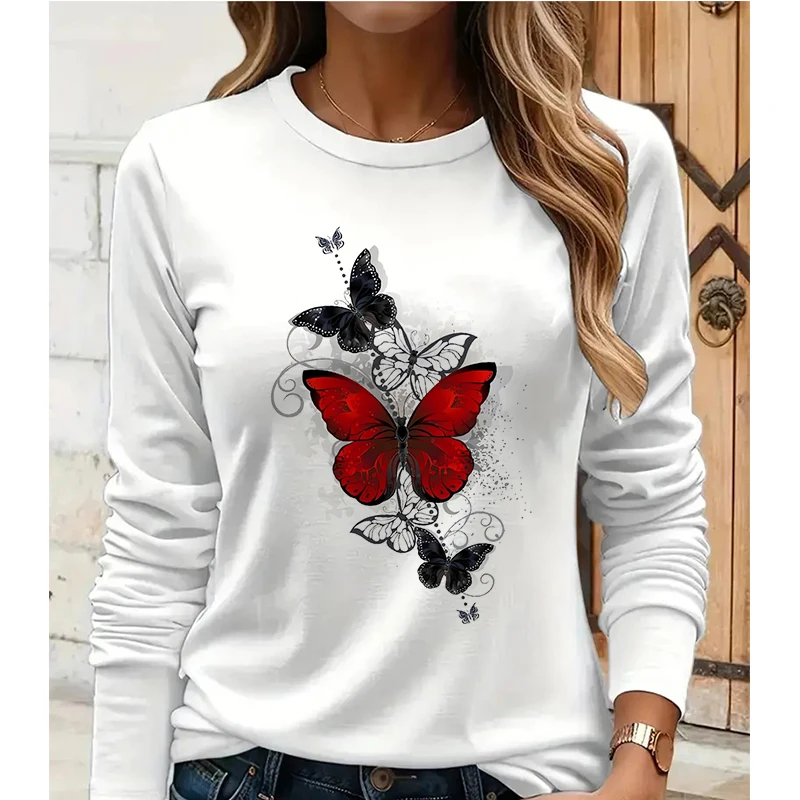 

Женская яркая красная и черная футболка с графическим дизайном, винтажные футболки, топы, футболка, повседневная футболка с длинным рукавом и принтом бабочки