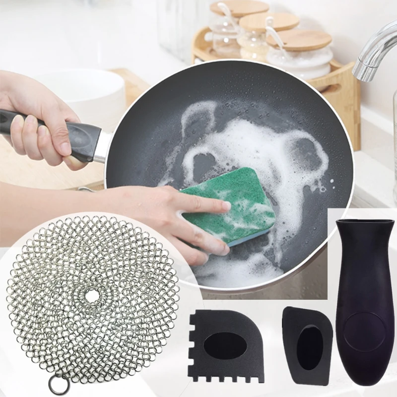Stainless Steel Scrubber Set for Cast Iron Pan Iron Pans Cleaning Tools Set