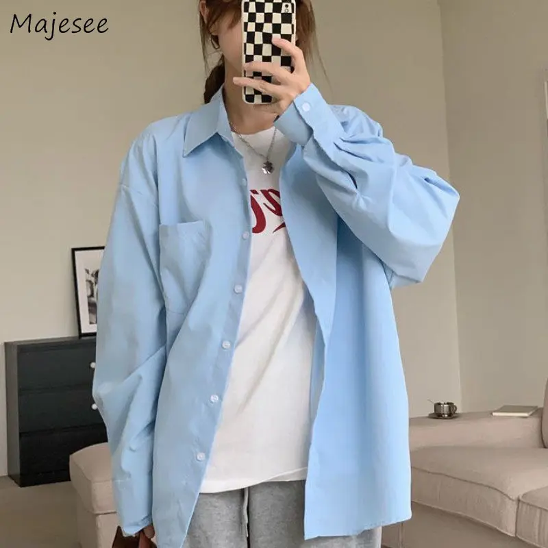 Shirts Frauen Casual Faul Stil Ulzzang Studenten Harajuku Frühling Lose Minimalistischen Täglichen Alle-spiel Beliebte drehen-unten Kragen tops