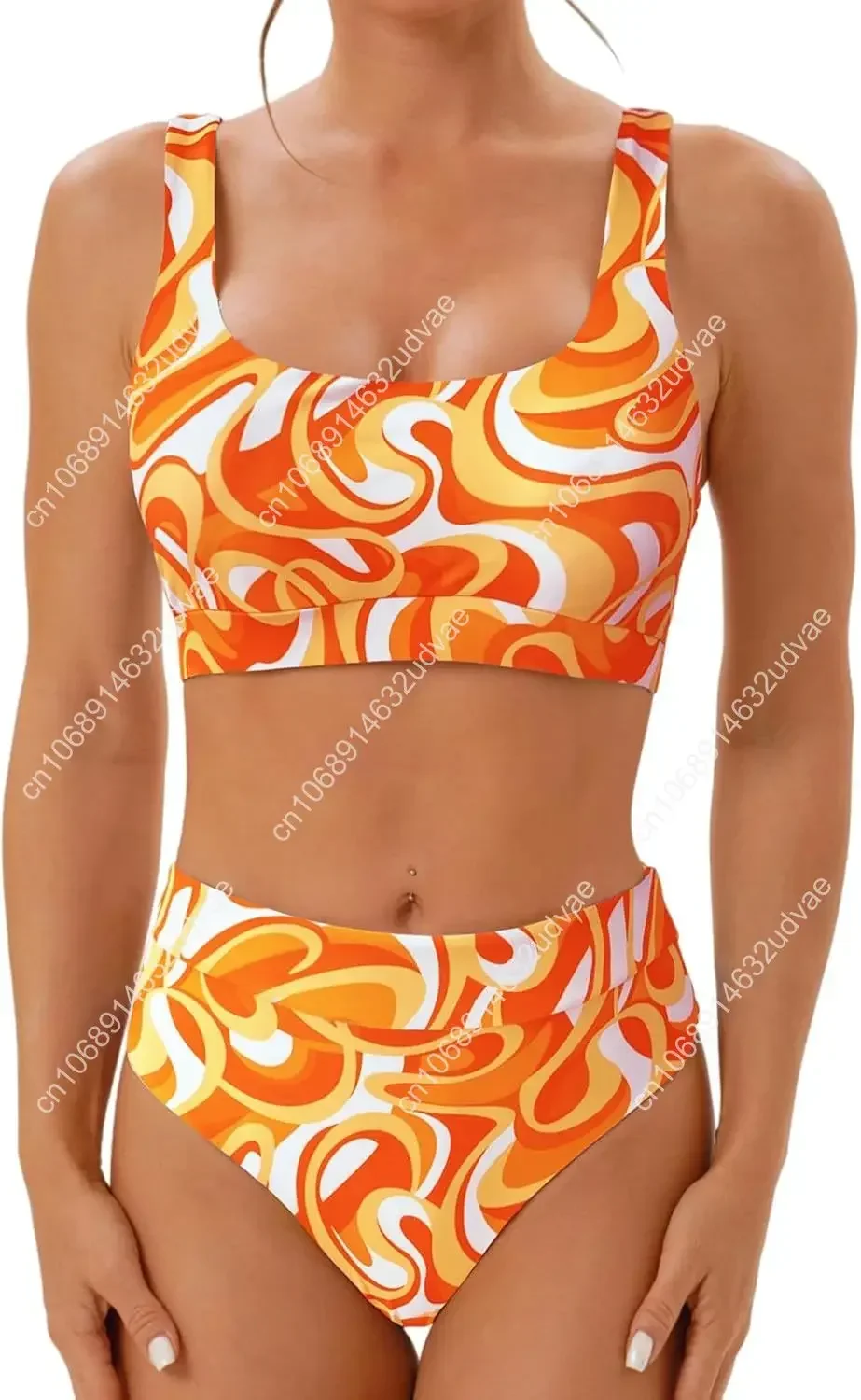 

High Waisted Two Piece Swimsuits for Women Tummy Control Tankini Bathing Suits Sporty Printed Swimwear