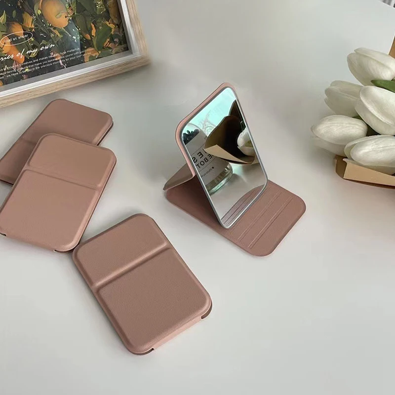 Desktop Makeup Mirror Solid Color PU Leather Simple Portable Handheld Makeup Mirror Foldable Student Compact Cute Pocket Mirror