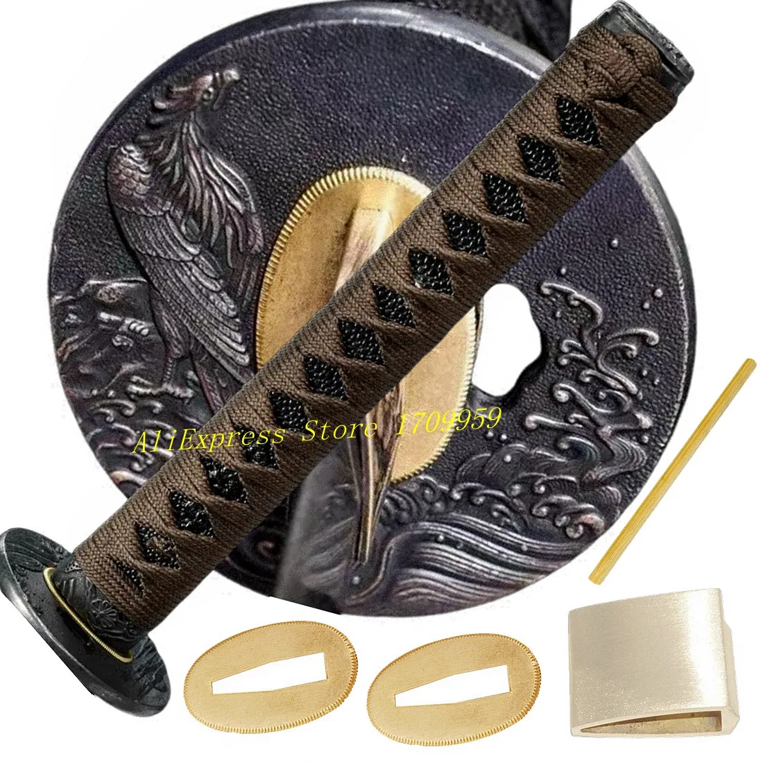 26CM Handle Katana Tsuka Japanese Samurai Sword Eagle Guard Fittings Set Alloy Tsuba+Menuki+Fuchi+Kashira+Brass Habaki/Seppa