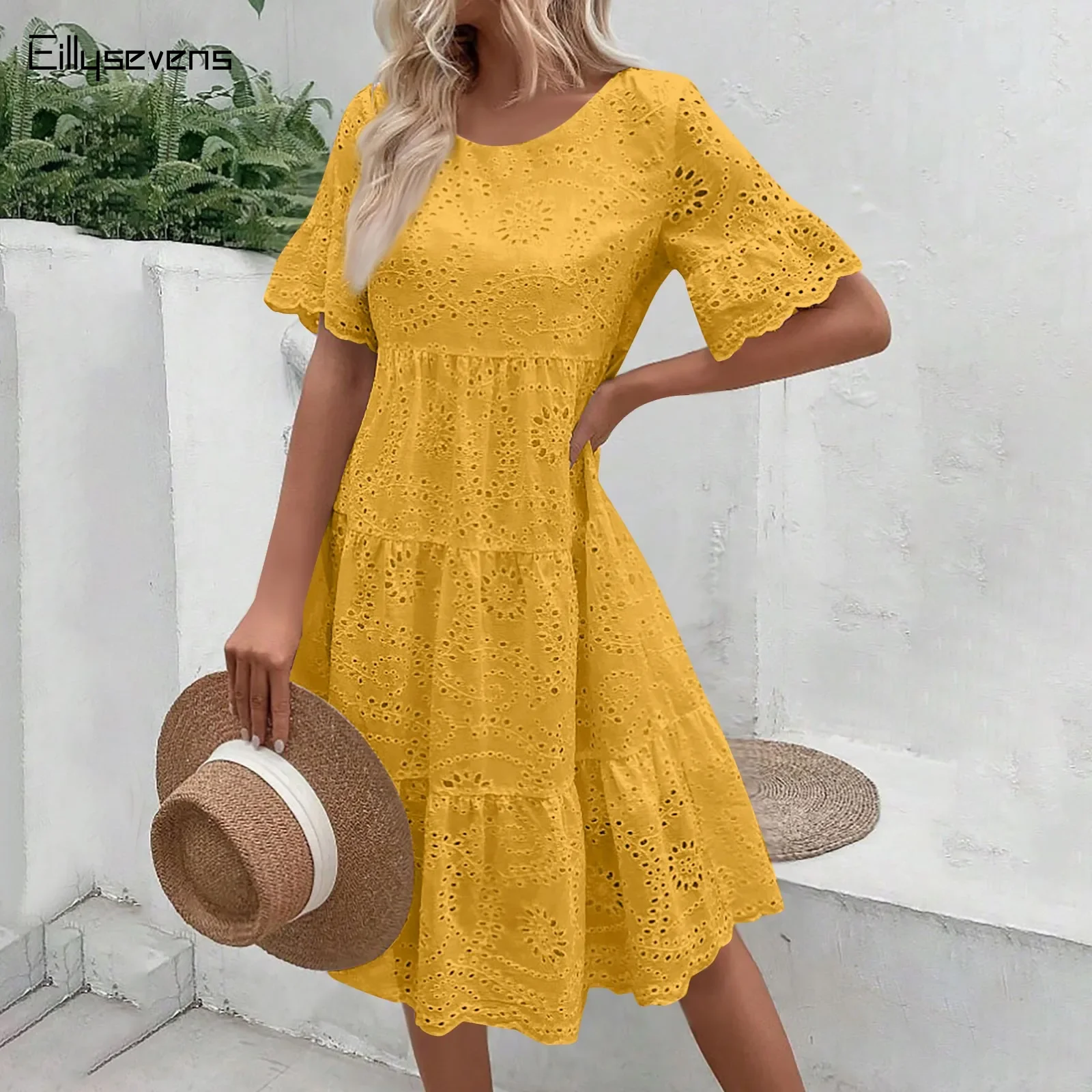 Women's Boho Style White Dresses Casual Pleated Solid Lace Hollow Dress Short Sleeve Sundress Beach Robe Платье