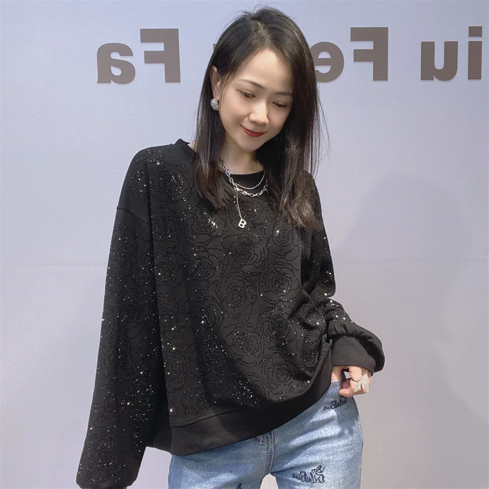 Ladies Rhinestone Short O-Neck Hoodies Autumn Winter New Fashion Versatile Loose Stylish Long Sleeved Top Pullover Sweatshirt