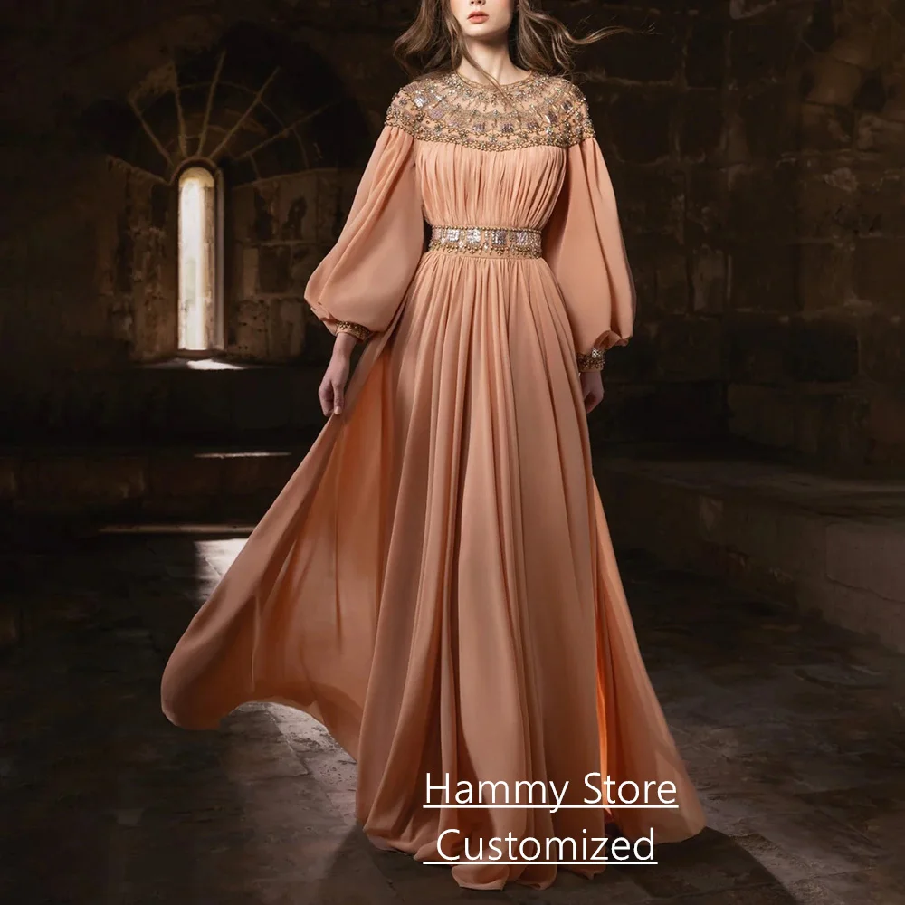 Woman Evening Dress Customized Round Neck Puff Sleeves Pearls Stones Chiffon Sweep Train Prom Gown Abaya Party Dresses