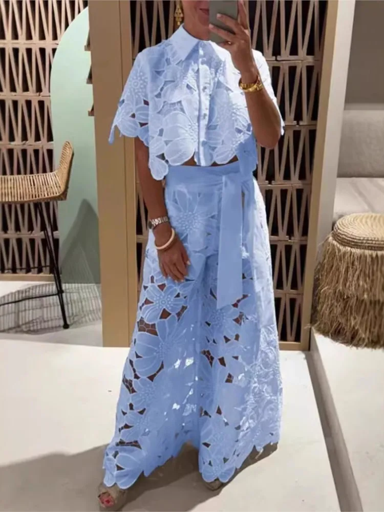 

Spring Summer New Solid Color Sexy Lace Hollow Cardigan Top Wide Leg Pants Two Piece Set For Women