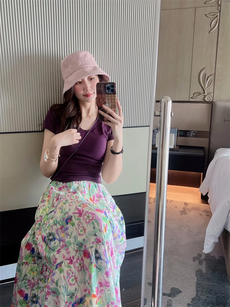 

Spring Summer New Floral Print Half Skirt Set Women's round Neck T-Shirt Elastic Casual Fashion Two-Piece Suit Short Sleeve