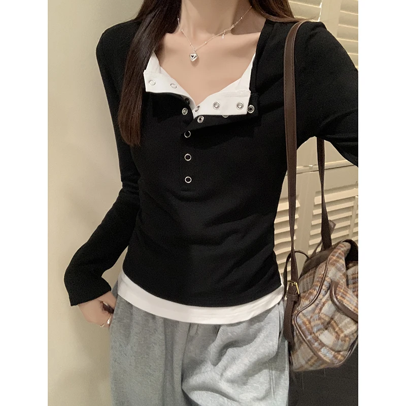 New Fashion Patchwork Buttons Half Open Collar T-shirts Women New Autumn Winter Long Sleeve Slim T Shirt Korean Female Tops