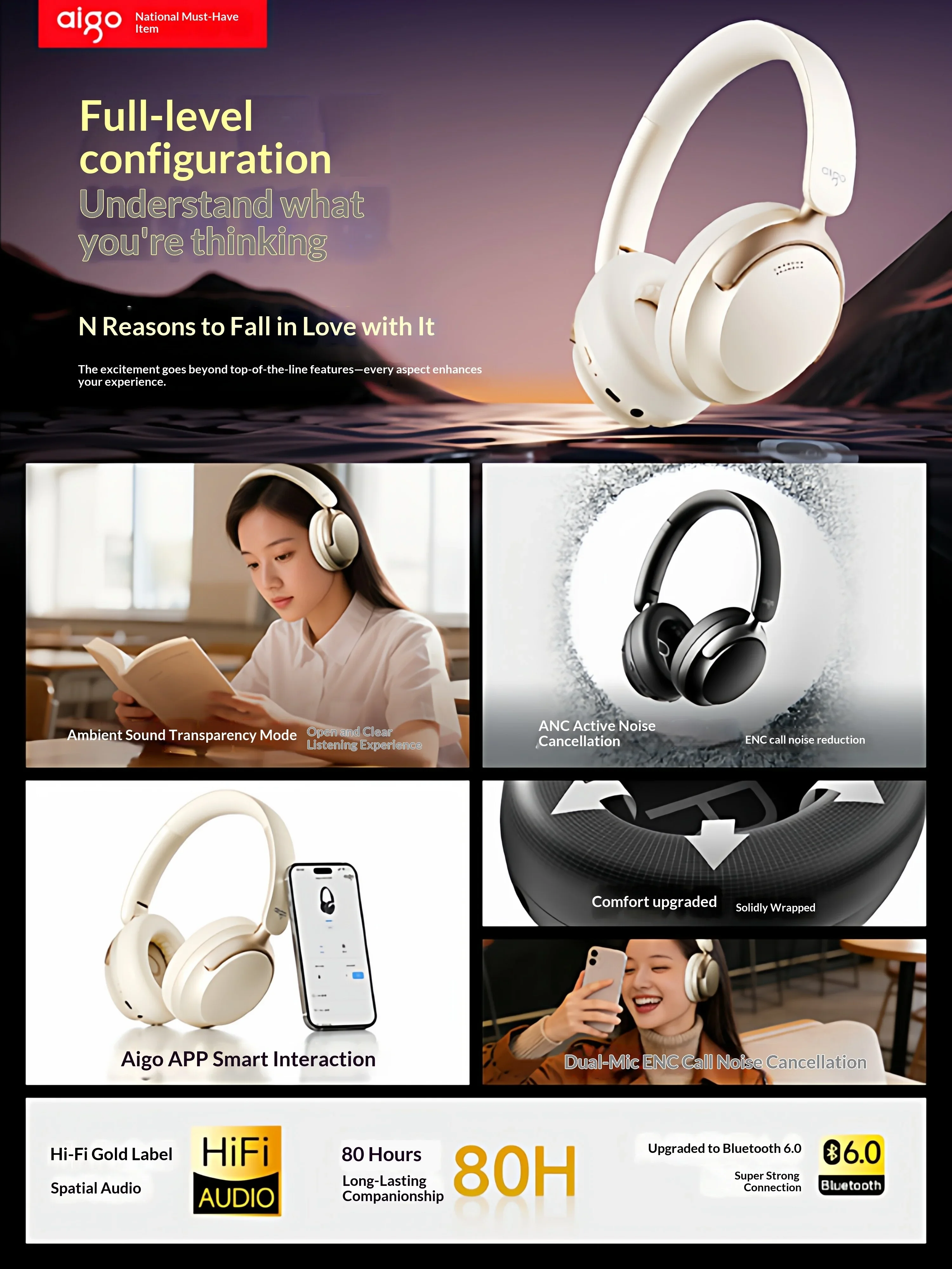 Aigo WE500 Bluetooth Over-Ear Headphones ANC ENC Noise Cancelling 80H Battery Wireless Headset For Gifts