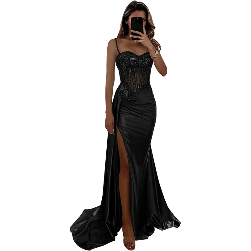 Aangepaste saliegroene spaghetti kralen kant applicaties lange zeemeermin galajurken korset zwarte meisjes hoge split 2025, verjaardag