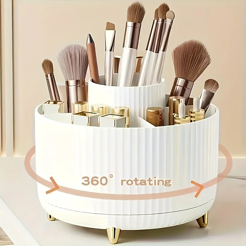 360 °   Organisateur de maquillage rotatif - 1 boîte de rangement de cosmétiques en plastique avec 5 compartiments - Support multifonctionnel pour pinceaux, rouges à lèvres, soins de la peau et papeterie - Organisateur de bureau durable et sans odeur, design luxueux à rayures