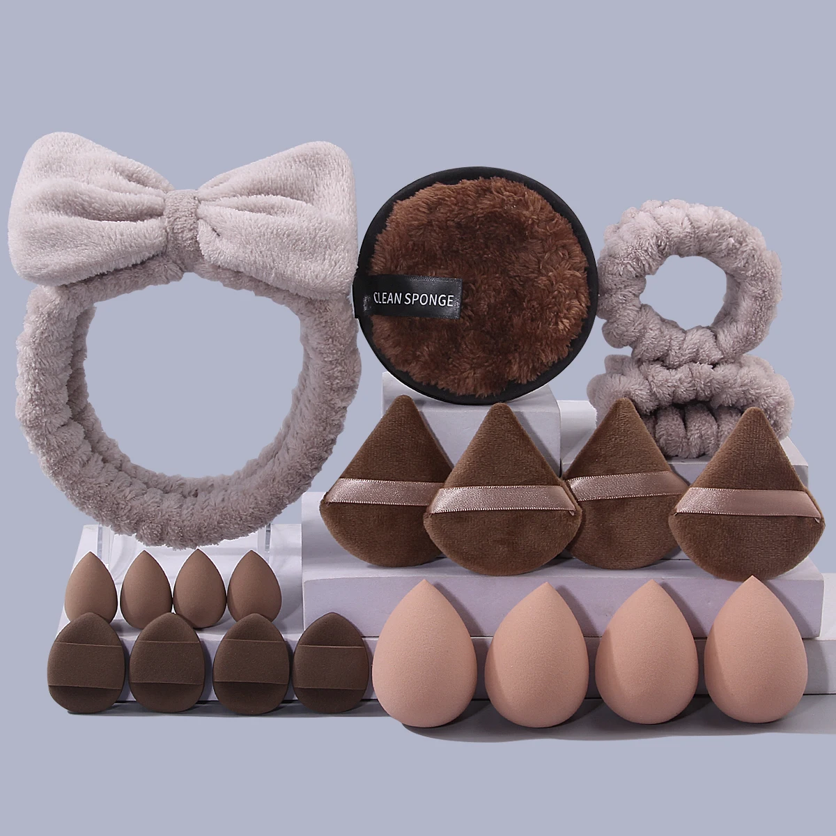 20종 전문가용 페이셜 클렌징 및 메이크업 세트 - 머리끈, 손목 스트랩 + 메이크업 스펀지, 에그 파우더 퍼프 + 세안 퍼프
