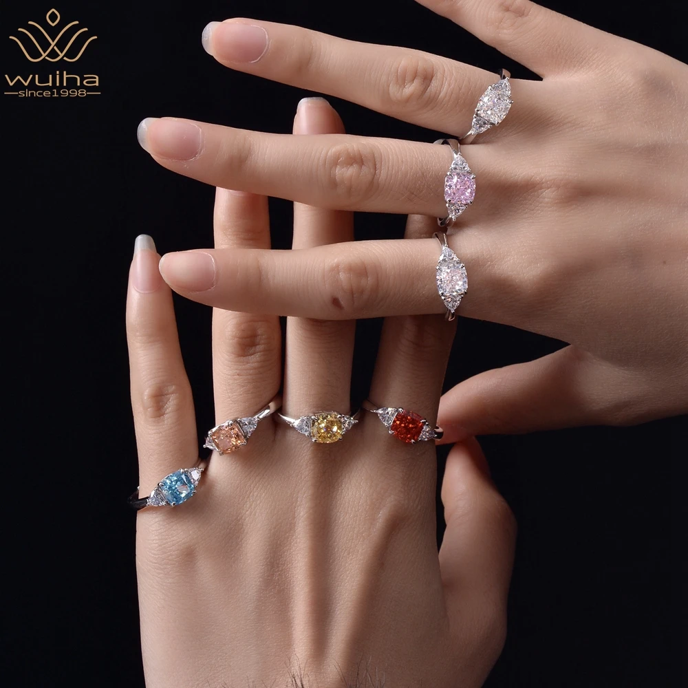 

WUIHA 925 Sterling Silver Cushion Cut 7*7MM VVS Colorful Gemstone Sapphire Created Moissanite Rings for Women Gift Drop Shipping