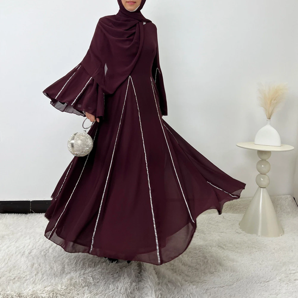 

Eid Women Dress Muslim Chiffon Abaya Flare Sleeve Party Ramadan Kaftan Arab Long Robe Morocco Kaftan