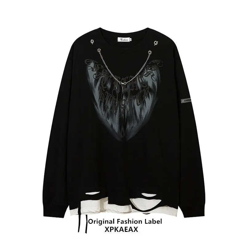 

Men's New Spliced round Neck Dark Niche Design Fake Two-piece Long-sleeved T-shirt Hip-hop Chain Sweatshirt