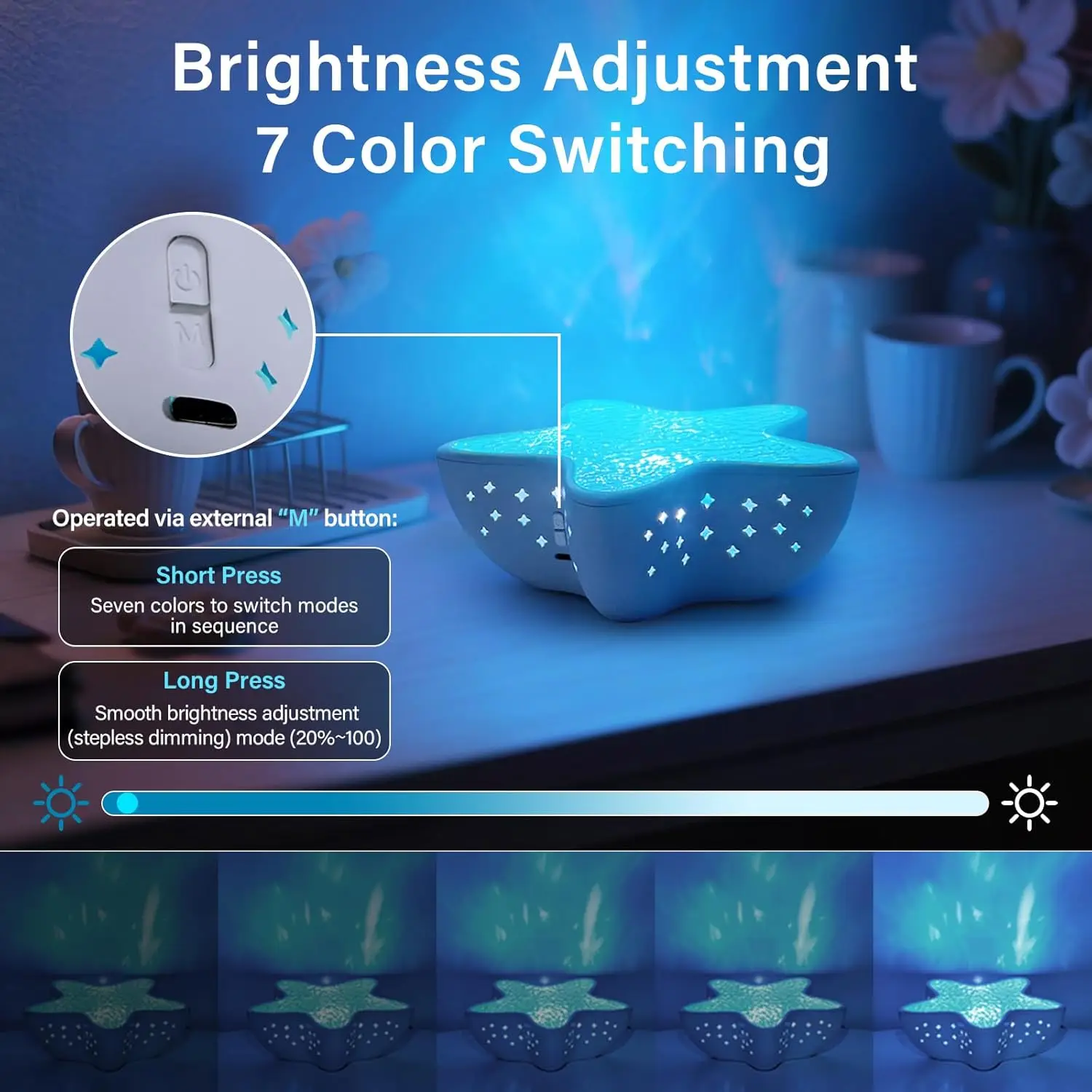 Lámpara de proyector de ondas de agua de estrella de mar, efecto de luz holográfica del océano de 7 colores, luz nocturna terapéutica para regalo de ayuda de relajación/sueño