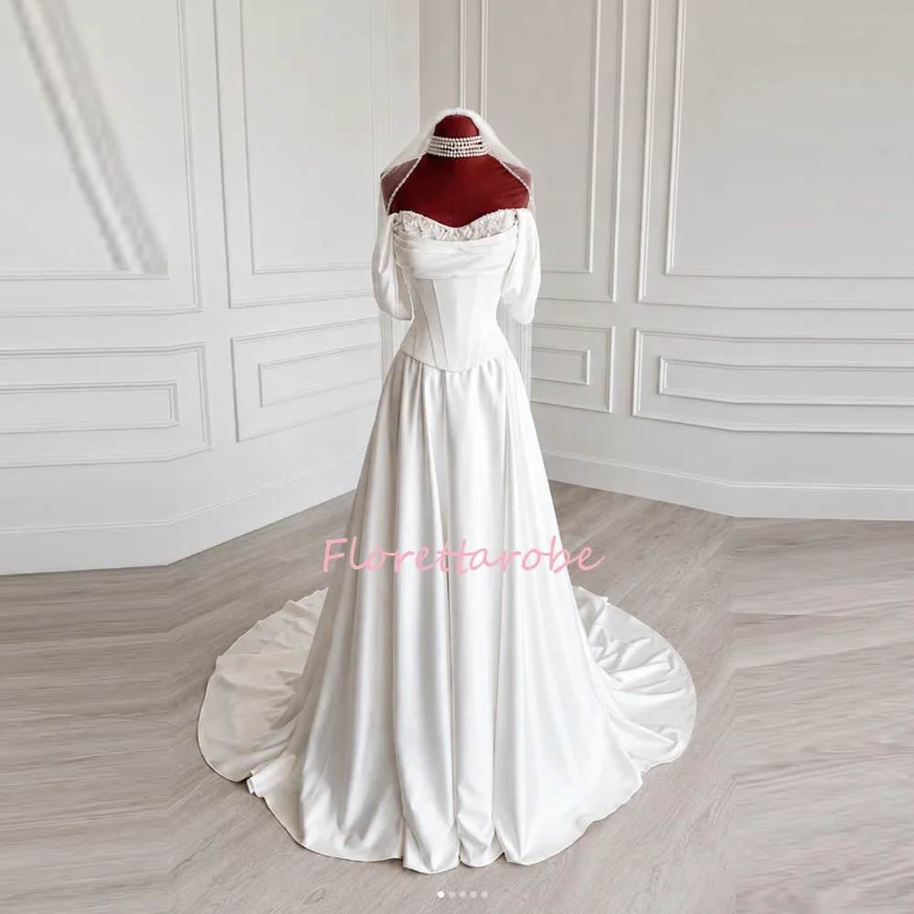 A-line Satin Wedding Dresses Off Shoulder Sleeveless Bridal Dress Luxury Pearls Sequins Bride Gown vestidos de novia Customized