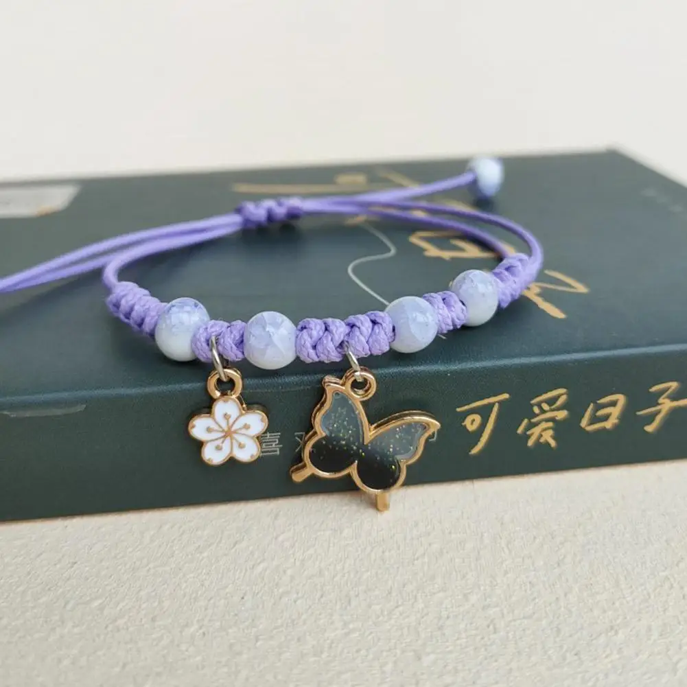 سوار زهرة فراشة أرجواني مصنوع يدويًا للنساء ، سحر ، قلادة حلوة ، أساور مضفرة ، إسورة مجوهرات ، موضة