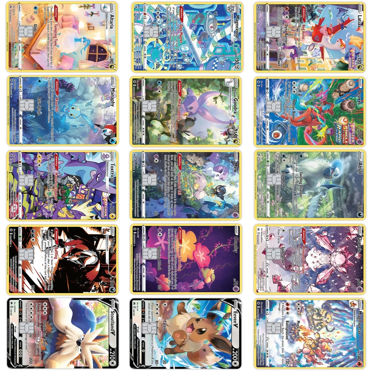 

Наклейки-скины для кредитных карт Pocket Monsters: Эвей, Дианси, Мью. Мультяшные аниме-декоративные пленки-наклейки для дебетовых карт VISA.