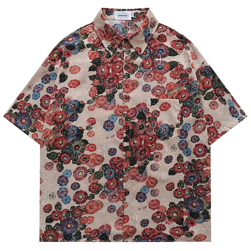 

Mens Vintage Floral Shirt Short Sleeve Satin Button Up Hawaiian Style Summer Beach Party Blouse Loose Fit Streetwear Vintage