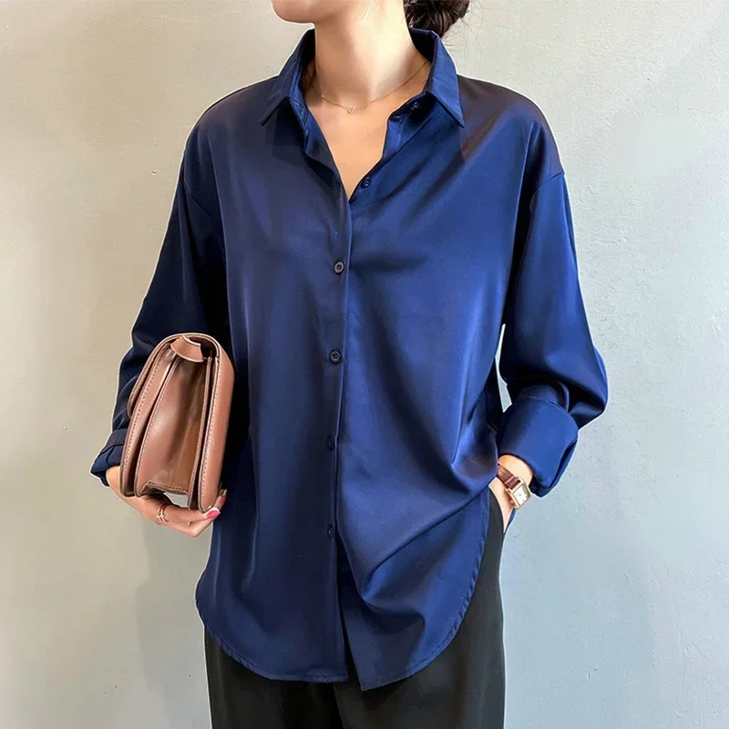 Chemise en satin à manches longues pour femmes, chemisiers à la mode vintage, chemise à documents solides, chemise grande taille