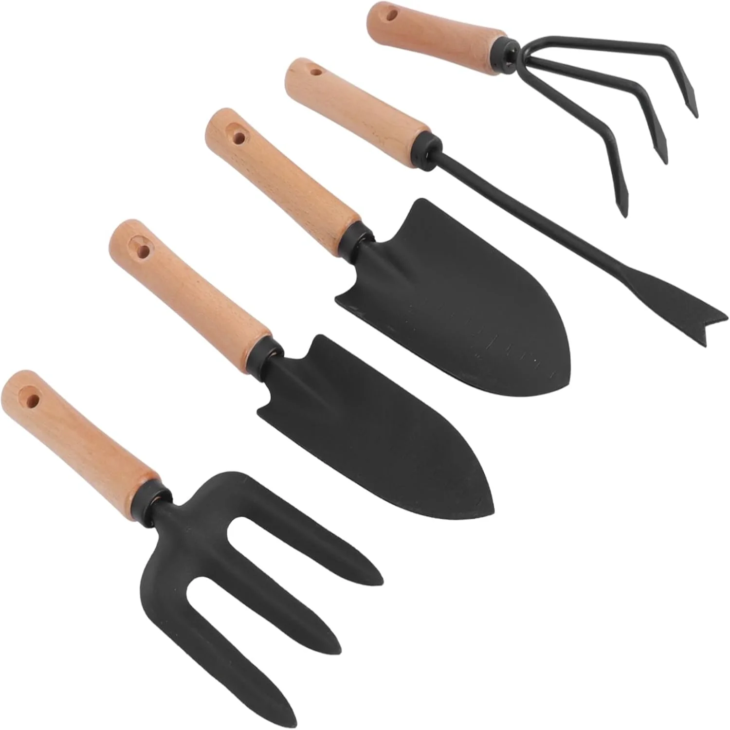 5pcs Small Garden Shovel Gardening Tote Set - Hand Planting Tools with Shovel, Rake, Trowel, Wooden Handle - Perfect Outdoor Pla