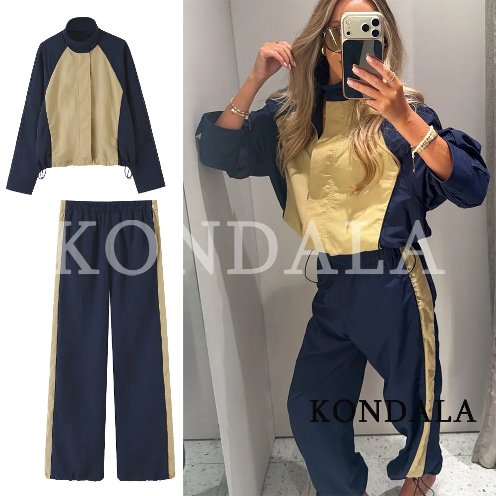 KONDALA Women Trendy High Street Contrasting Pants Set Zipper Jacket Elastic Waist Pants 2026 Early Fall Casual Sporty Lady Set