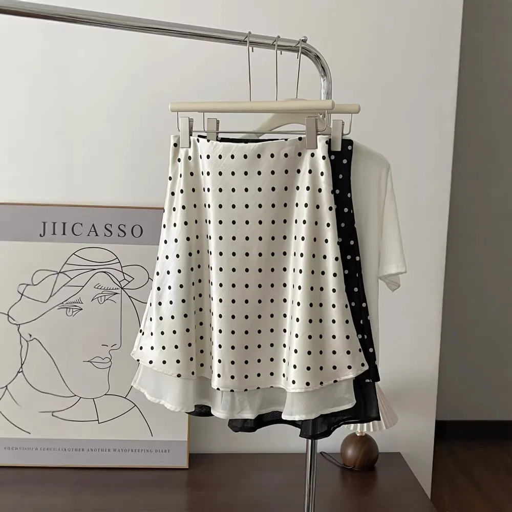 French Style Polka Dot Satin Skirts Women Retro Temperament High Waist Knee-Length Skirt Spring Summer Stylish Casual Lady Skirt