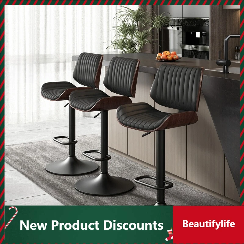

Light Luxury Solid Wood Adjustable Bar Stool Home Use Genuine Leather Backrest Swivel Bar Simple High Stool Dining Chair