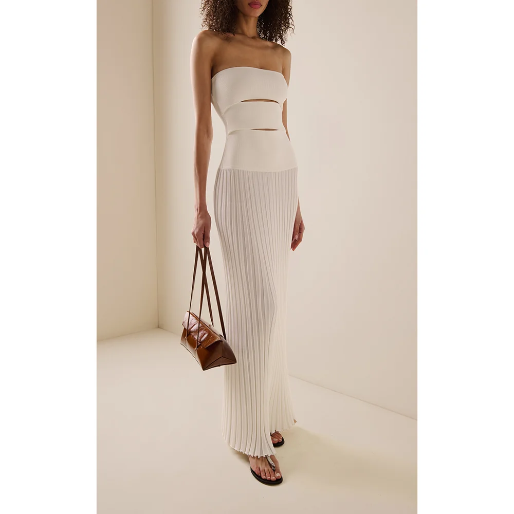 

Elegant White Knit Sheath Strapless Sleeveless Ankle Length Evening Dress Sexy Cut-out Cocktail Party Dress