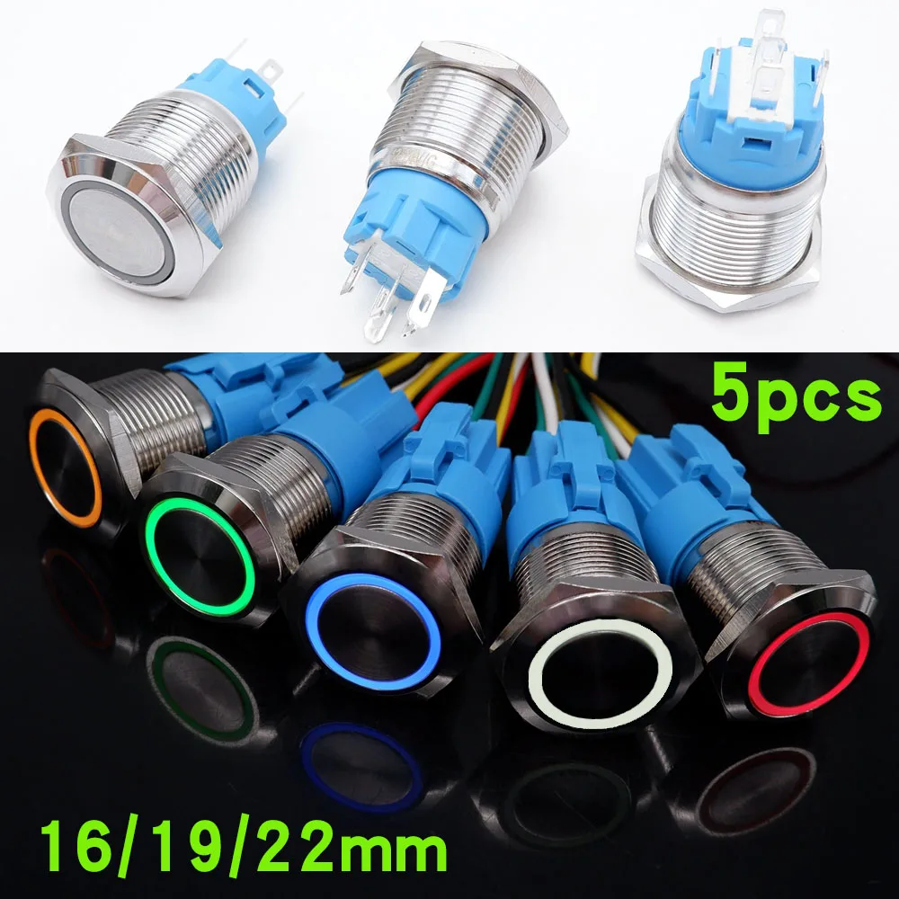 5pcs Metal Push Button Switch 16mm 19mm 22mm Ring Lamp Waterproof LED Light Self-reset/Lock ON-OFF Momentary Latching 5v 12v Red