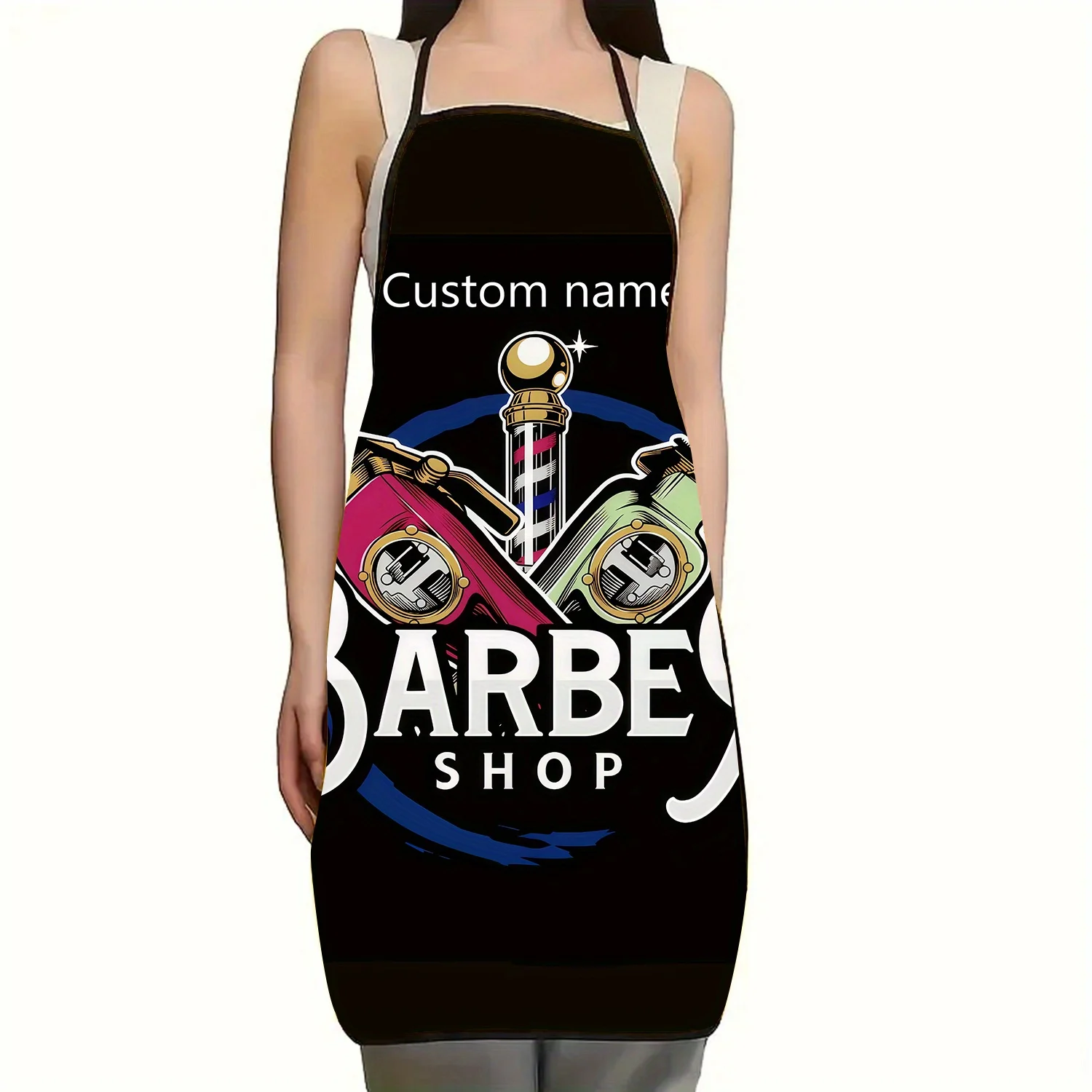 1pc Barber Shop Apron with Personalized Text & Vintage Barber Tools Design - Durable Polyester Sleeveless Neck Strap for Kitchen