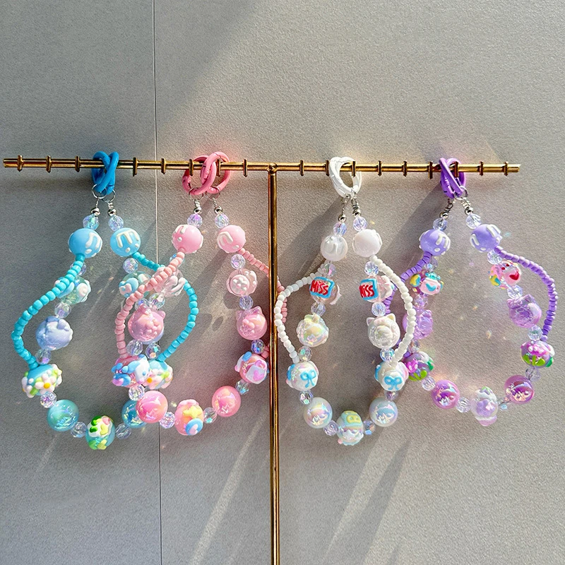 Kitten Hand Painted Beads Phone Chain Keychain Sweet Girl Anti-lost Wrist Strap Bracelet Earphone Case Charm Bag Decor