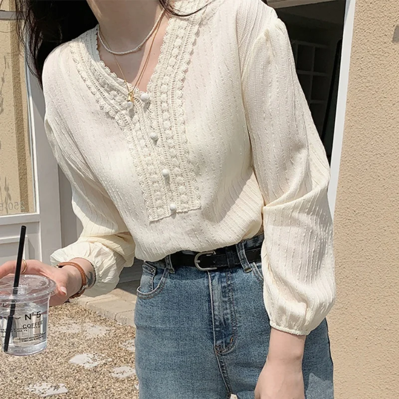 Cotton Long Sleeve Women\'s Blouse Office Lady Elegant White Tops V-neck Casual Lantern Sleeve Shirt