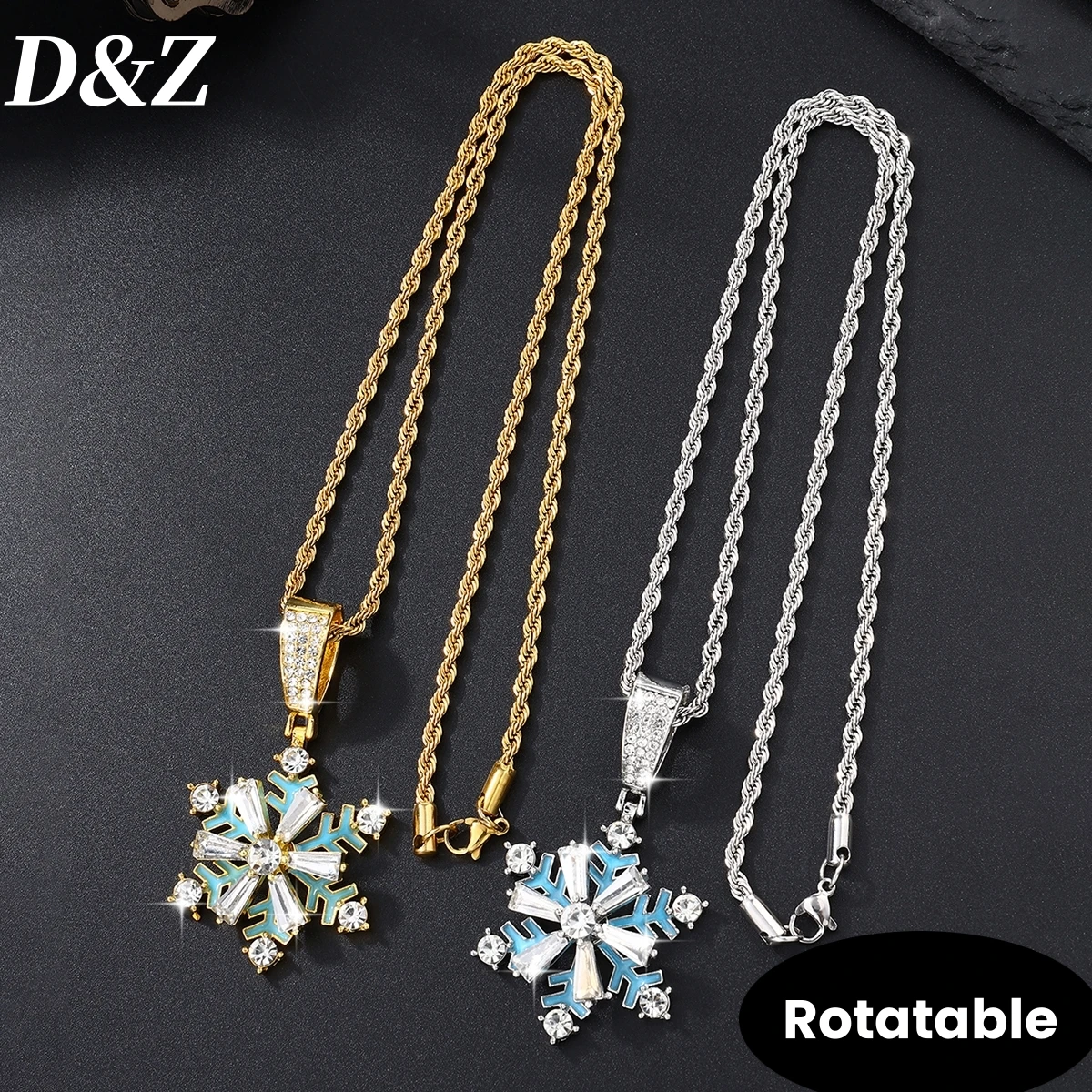 D&Z Hip Pop Fashion Rotatable Snow Pendant Necklace For Men Women Iced Out Cubic Zirconia Paved Pendant Rapper Charm Jewelry