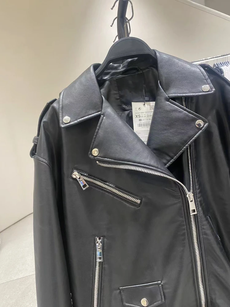 FTLZZ New Spring Autumn Motorcycle Pu Jacket Women Streetwear Lapel Zipper Faux Leather Coat with Belt Lady Casual Black Outwear