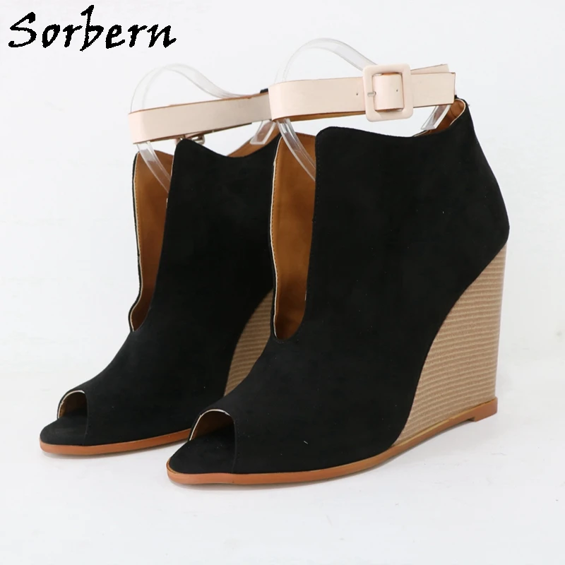 Sorbern Plus Size Eu48 Women Pump Shoes Wedge High Heel 14Cm Open Toes Ankle Straps Custom Color