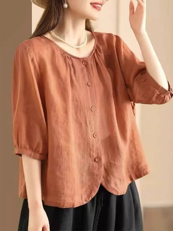 

Summer Cotton Linen ort Sve Loose Lightweight Outerwear irt Vintage Artistic Large Size Women's Faion Open Cardigan Top