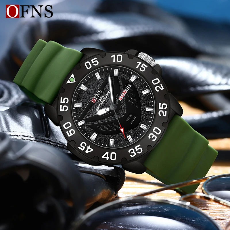 OFNS 1308 New Luxury Classic Business High Quality Men\'s Quartz Watch Silicone Waterproof Night Glow Calendar Fashion Men Watch