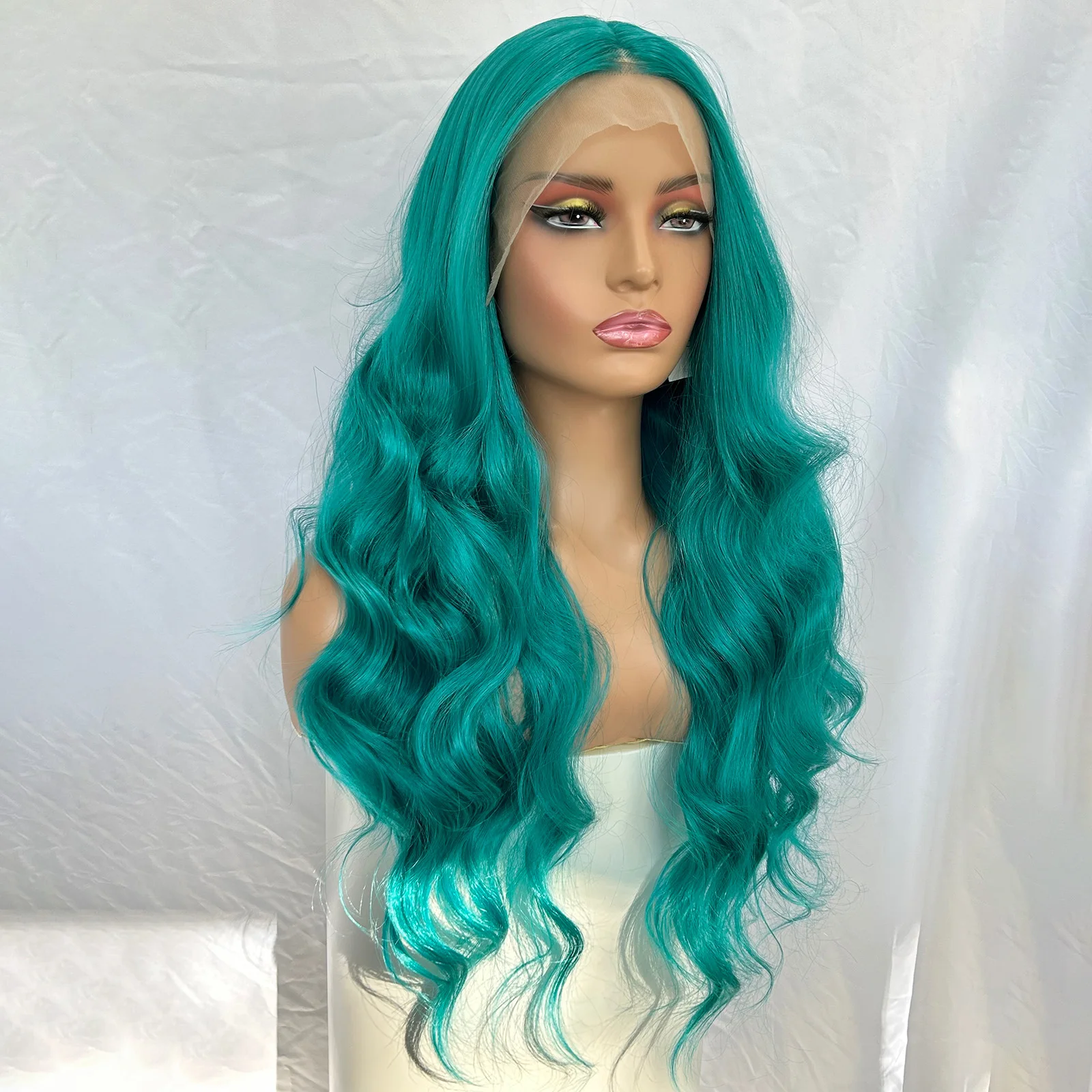 شعر مستعار طويل أخضر مموج بدانتيل أمامي للنساء الجزء الأوسط أزرق مجعد مموج اصطناعي 13X4 بدون صمغ قبل قطعها تأثيري استخدام الحفلات
