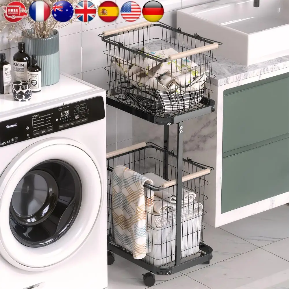 

2 Tier Laundry Cart with Wheels Rolling Laundry Basket Laundry Hamper Trolley Metal Storage Cart for Laundry Clothes