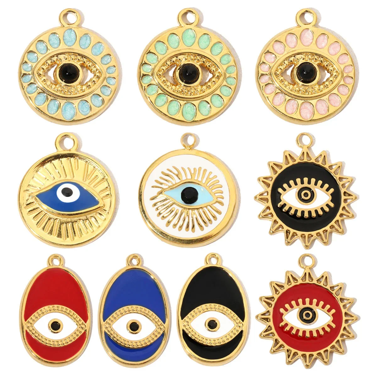 3pcs/Lot French Enamel Evil Eye Stainless Steel Diy Charms Women Natural Stone Round Necklace Pendant Sun Jewelry