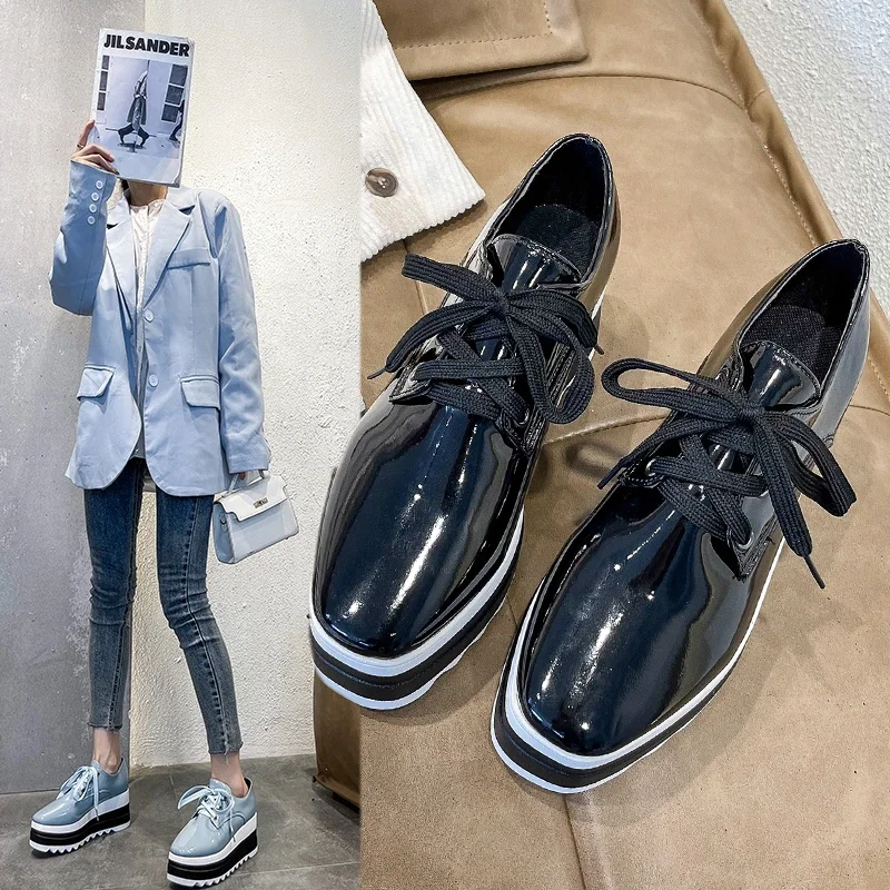 2022 Women flats shoes spring moccasin Fashion creepers shoes lady loafers Ladies Lace up platform Shoes plus size 42