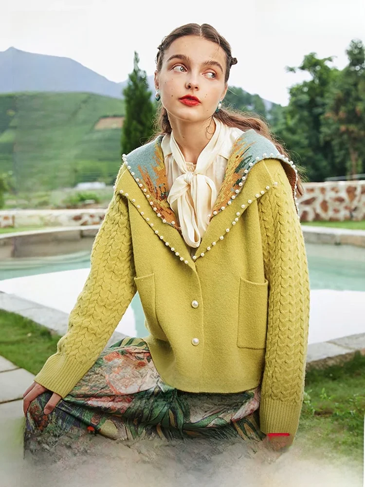 

VAN Gogh Artistic Beaded Ne Sweater Cardigan Women's Spring New Oil Painting Navy Collar Loose Fit Long Sve Knittedwear