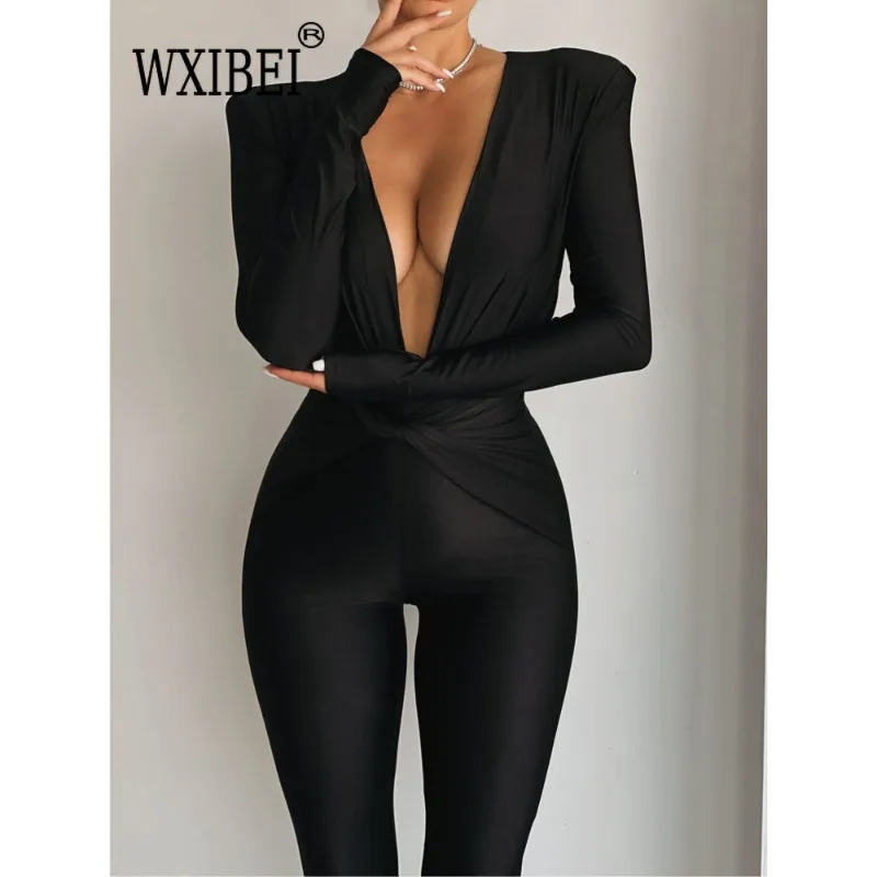 WXIBEI Diepe V-hals Lange Mouw Skinny Jumpsuits Vrouwen Rompertjes Elegante Zwarte Hoge Taille Ruches Slanke Sexy Jumpsuit Outfits