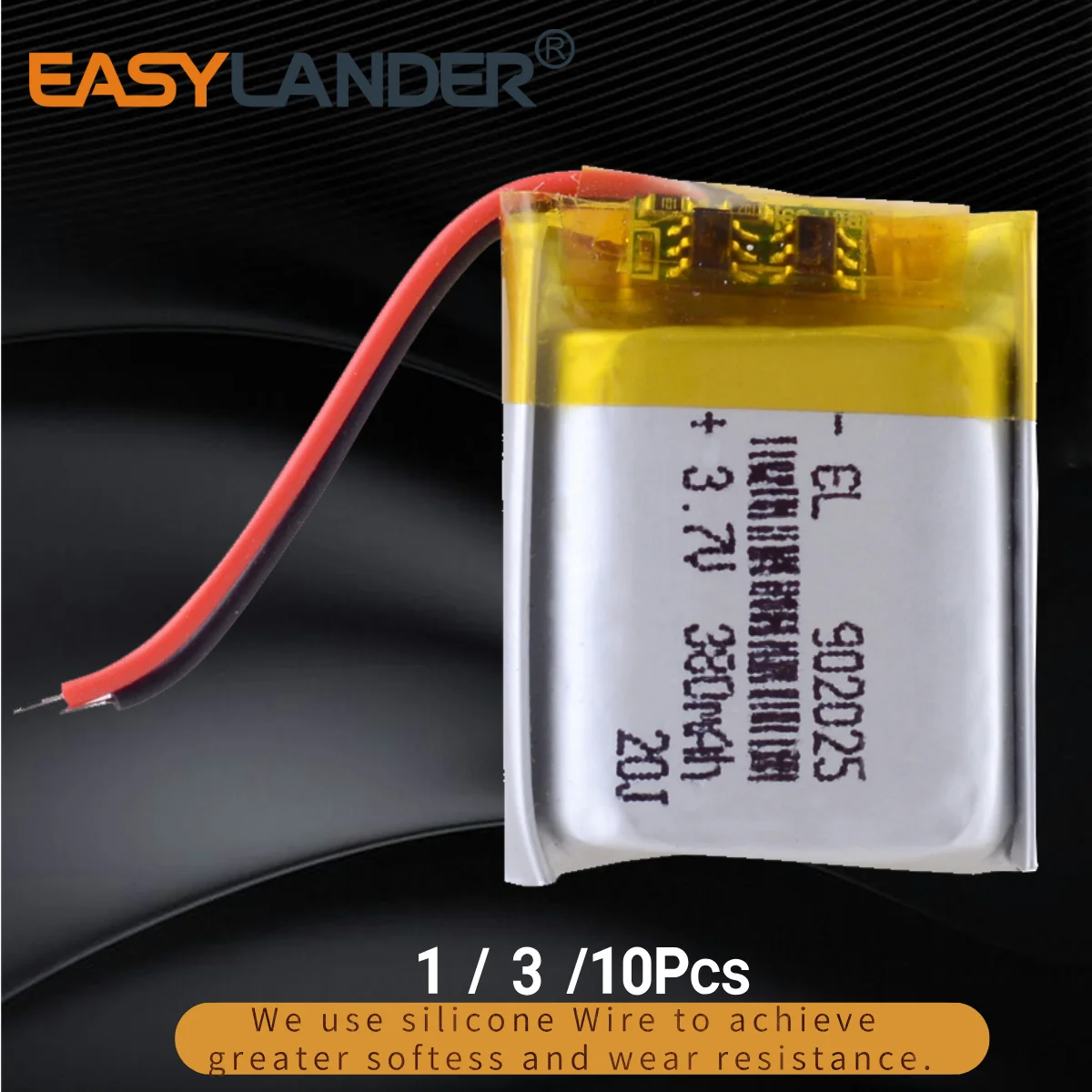 充電式リチウムイオンポリマー電池、3.7v、380mah、902025